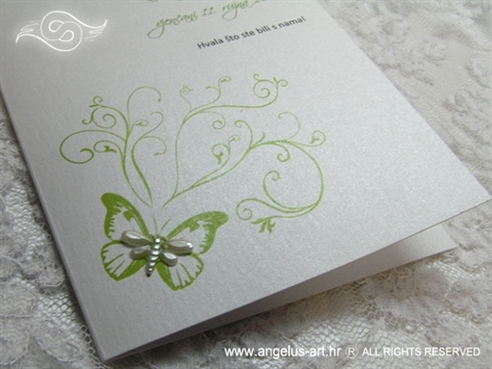 bijela zahvalnica za vjenčanje sa zelenim tiskom leptira