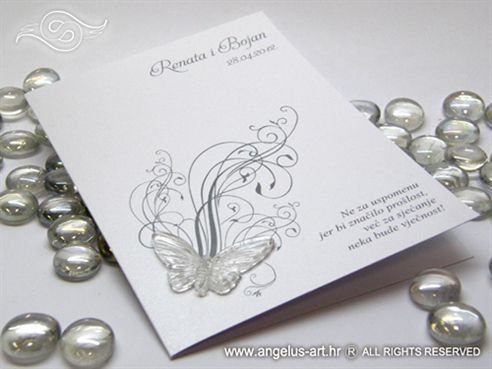 bijelo srebrna zahvalnica za vjenčanje s leptirom i tiskom