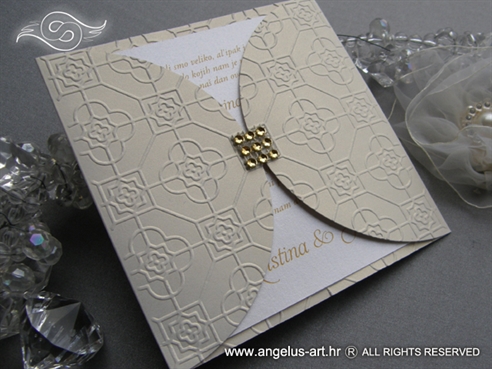 cream and gold wedding invitation with zircons