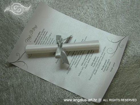 menu ili jelovnik za vjenčanje tiskan na perlastom papiru s mašnicom