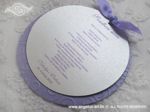 menu za svadbenu svečanost okrugli s ljubičastom mašnom