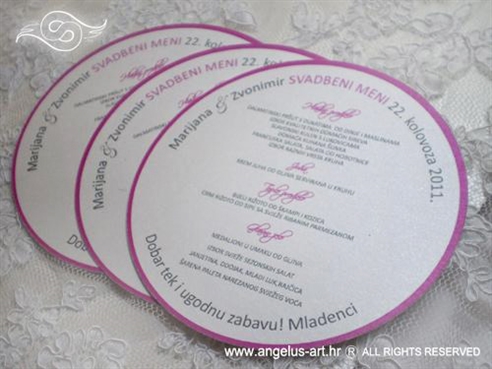 okrugli menu za svadbenu svečanost ciklama ili fuksija