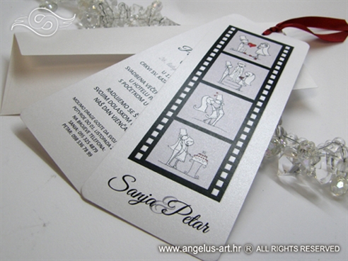 pozivnica za vjencanje u obliku bookmarkera s ilustracijom mladenaca i filmske trake