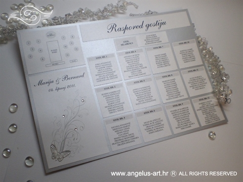 raspored sjedenja za vjenčanje bijelo srebrni s leptirom i cirkonima