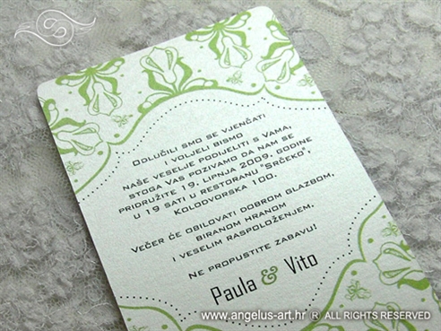 zelena pozivnica za vjenčanje s ornamentima i cvjetovima